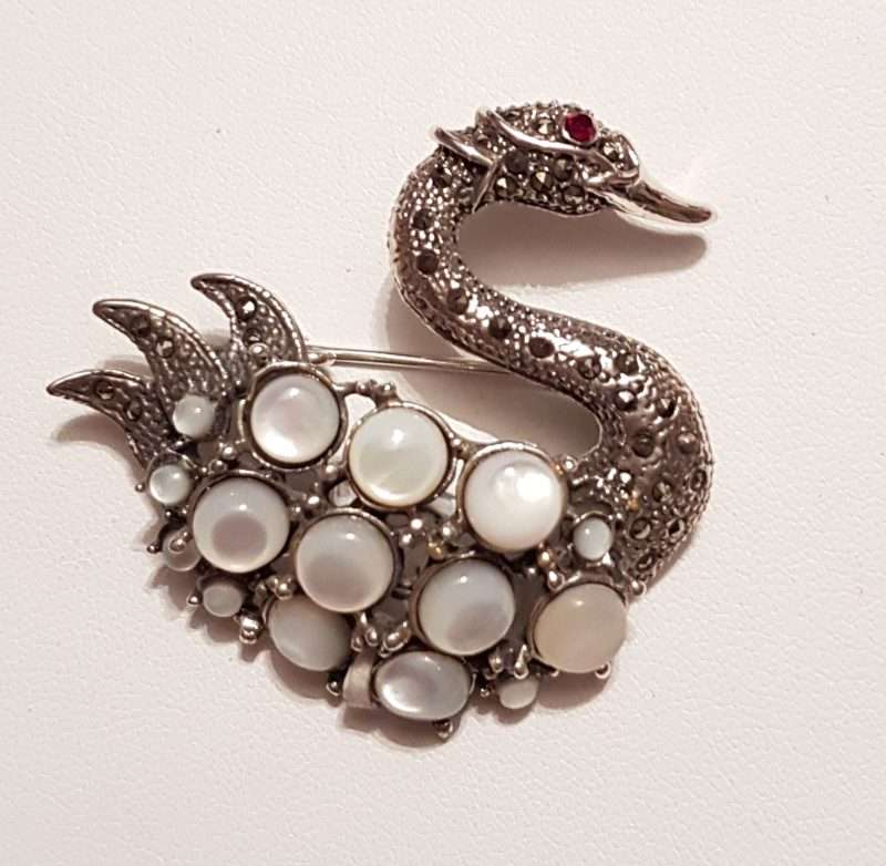 Sterling Silver Marcasite and Mother of Pearl Large Swan Brooch - Bird