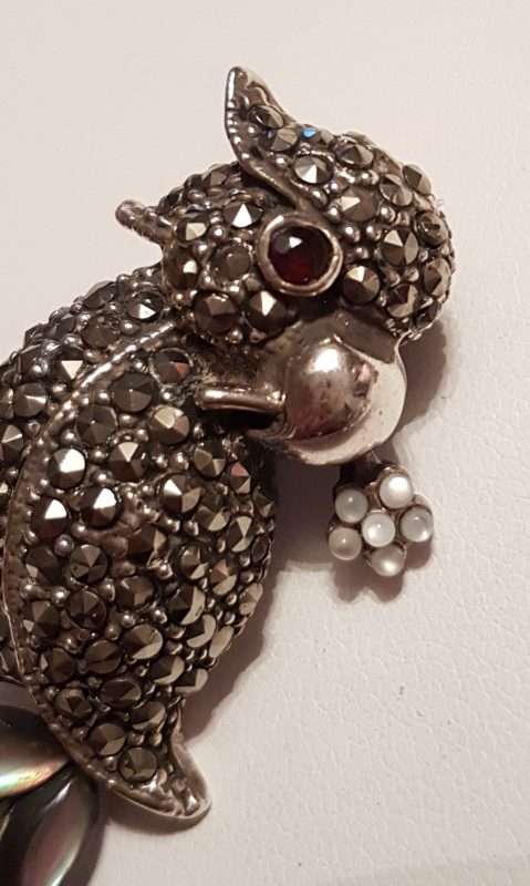 Sterling Silver Marcasite and Mother of Pearl Parrot / Bird / Cockatoo / Cockatiel Brooch