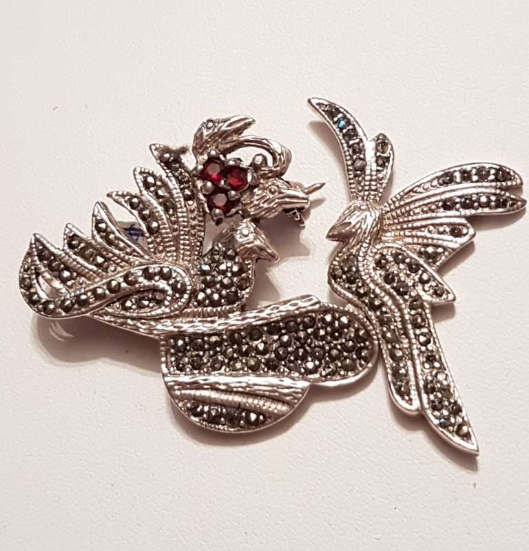 Sterling Silver Marcasite Large Bird with Garnet Flower Brooch - Birds in Nest