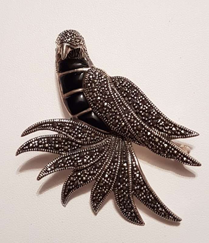Sterling Silver Marcasite Very Large Bird with Black Enamel Brooch