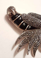 Sterling Silver Marcasite Very Large Bird with Black Enamel Brooch