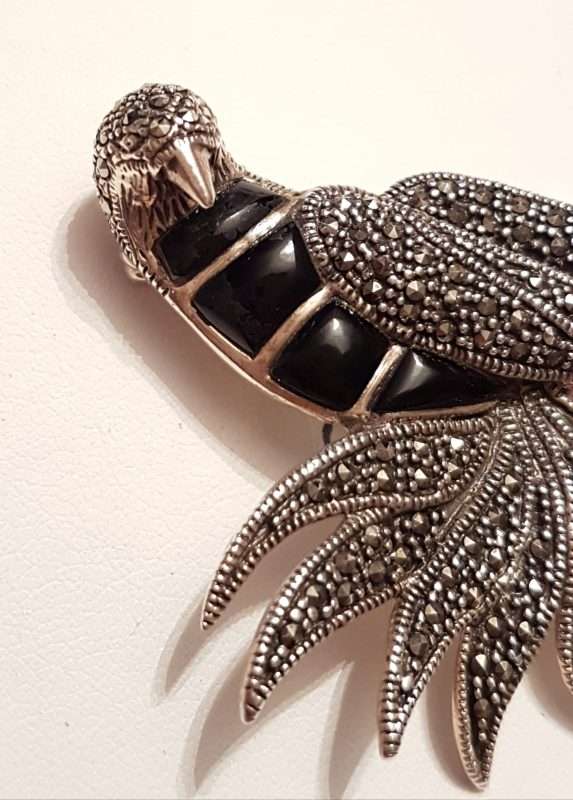 Sterling Silver Marcasite Very Large Bird with Black Enamel Brooch