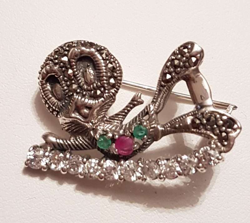 Sterling Silver Marcasite, CZ, Ruby and Emerald Tweety Bird Brooch