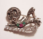 Sterling Silver Marcasite, CZ, Ruby and Emerald Tweety Bird Brooch