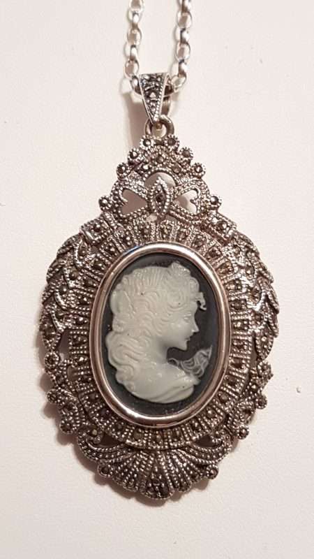 Sterling Silver Ornate Large Marcasite &amp; Cameo - Blue Agate - Ladies Face Pendant on Sterling Silver Chain