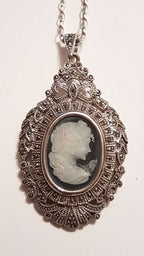 Sterling Silver Ornate Large Marcasite &amp; Cameo - Blue Agate - Ladies Face Pendant on Sterling Silver Chain
