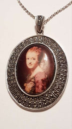 Sterling Silver Large Oval Marcasite &amp; Enamel Ladies Portrait Pendant on Sterling Silver Chain - Lady Face
