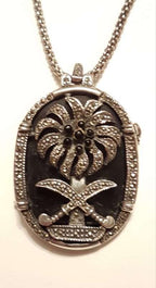 Sterling Silver Marcasite &amp; Onyx Swords and Palm Tree Large Oval Pendant on Sterling Silver Chain