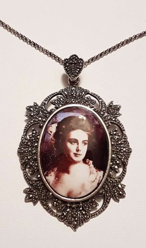 Sterling Silver Marcasite &amp; Enamel Ladies Portrait Ornate Pendant on Sterling Silver Chain - Lady Head