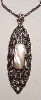 Sterling Silver Marcasite &amp; Mother of Pearl Very Long and Large Ornate Pendant on Sterling Silver Chain