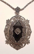Sterling Silver Marcasite &amp; Onyx Large Ornate Oval Pendant on Sterling Silver Chain
