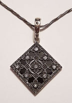 Sterling Silver Marcasite, Cubic Zirconia &amp; Onyx Large Ornate Square Enhancer Pendant on Sterling Silver Chain