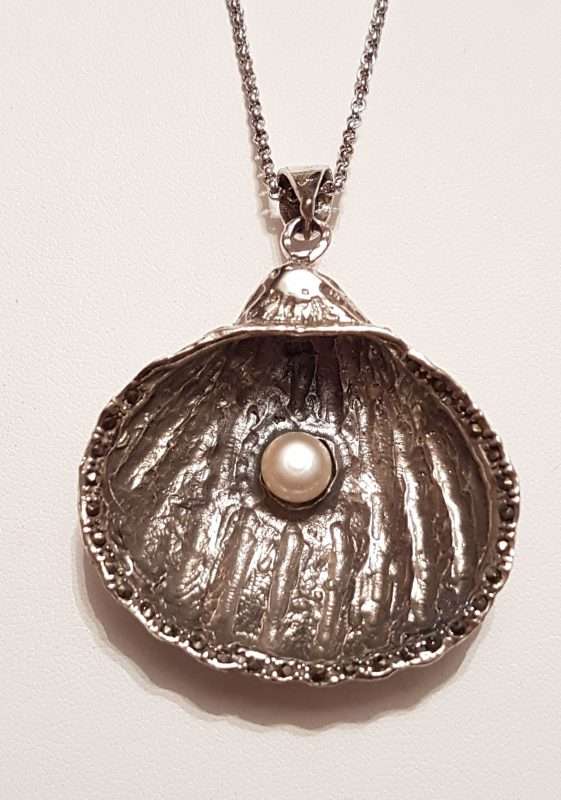 Sterling Silver Marcasite &amp; Pearl Large Shell Pendant on Sterling Silver Chain