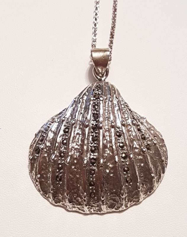 Sterling Silver Marcasite &amp; Pearl Large Shell Pendant on Sterling Silver Chain