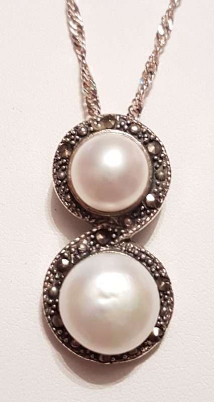 Sterling Silver Marcasite &amp; Pearl Twist Pendant on Sterling Silver Chain