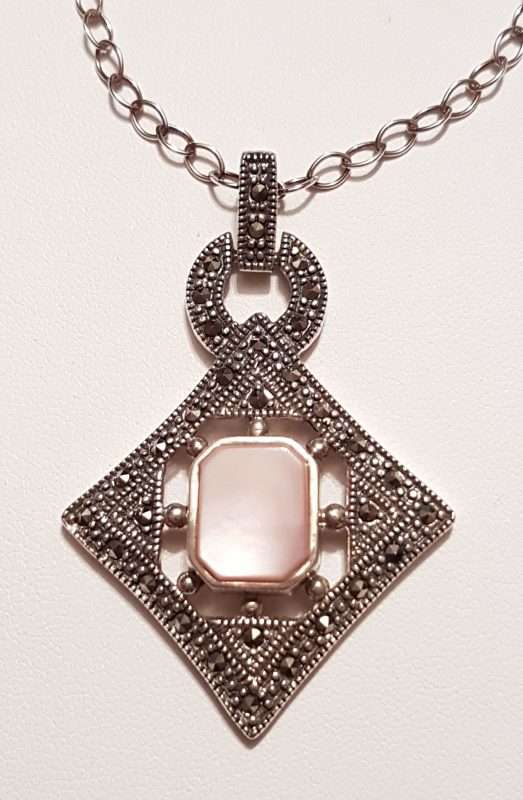 Sterling Silver Marcasite &amp; Pink Mother of Pearl Pendant on Sterling Silver Chain