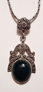 Sterling Silver Marcasite and Oval Green Onyx Ornate Pendant on Sterling Silver Chain