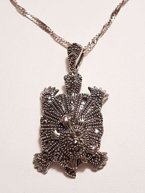 Sterling Silver Marcasite Mother and Baby Turtle Pendant on Sterling Silver Chain
