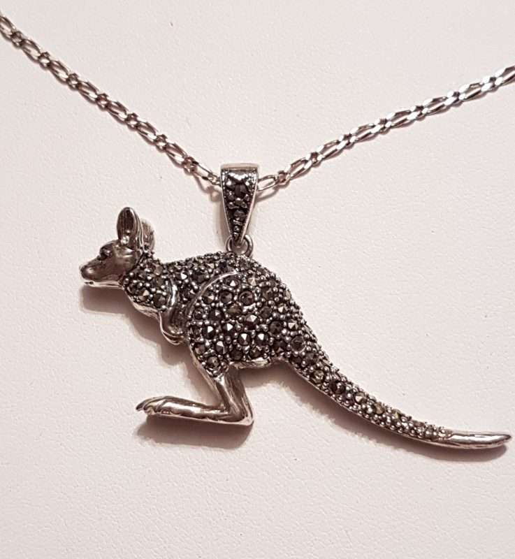 Sterling Silver Marcasite Kangaroo Large Pendant on Sterling Silver Chain