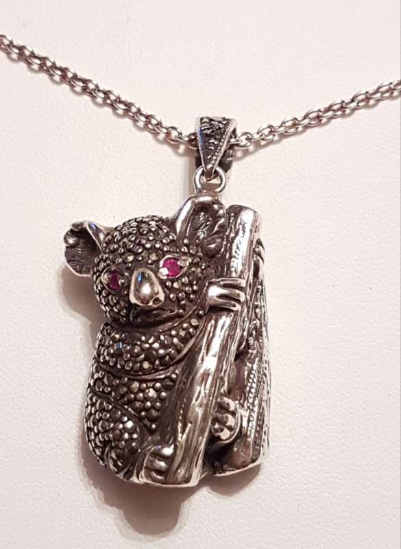Sterling Silver Marcasite Australian Koala with Ruby Eyes Pendant on Sterling Silver Chain