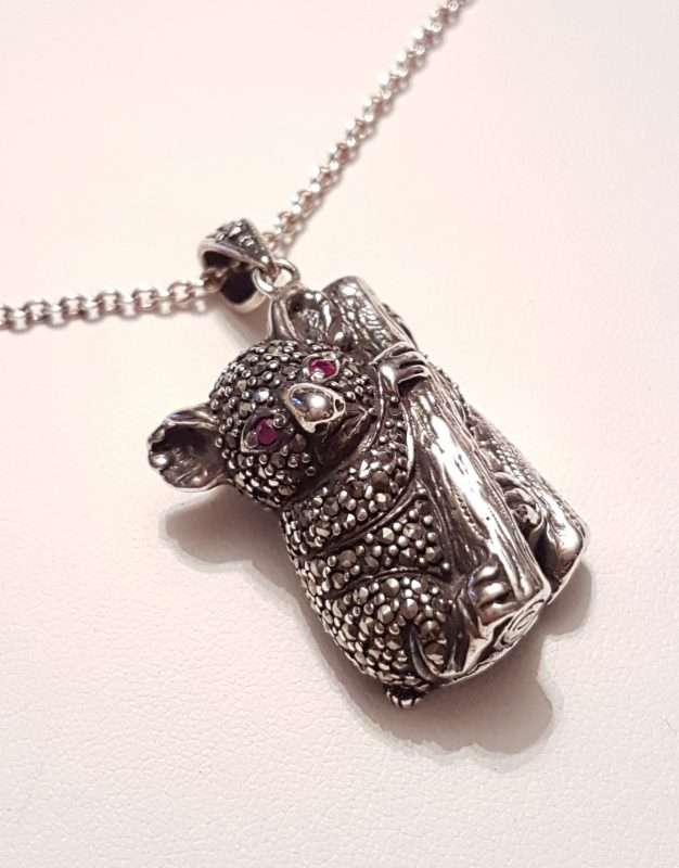 Sterling Silver Marcasite Australian Koala with Ruby Eyes Pendant on Sterling Silver Chain