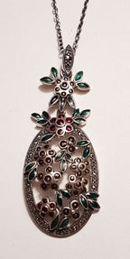 Sterling Silver Marcasite with Green &amp; Red Enamel Large Floral Ornate Pendant on Sterling Silver Chain