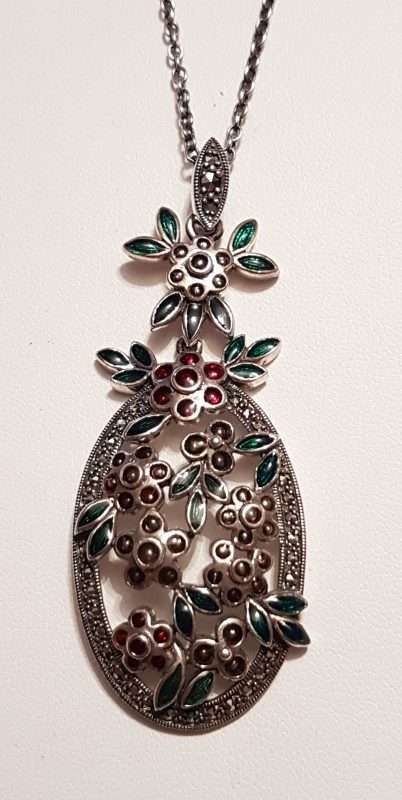 Sterling Silver Marcasite with Green &amp; Red Enamel Large Floral Ornate Pendant on Sterling Silver Chain