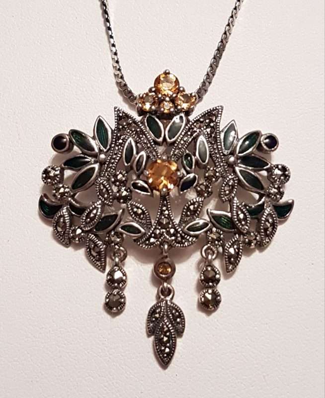 Sterling Silver Marcasite with Citrine and Green Enamel Large Floral Ornate Pendant on Sterling Silver Chain