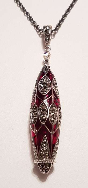 Sterling Silver Marcasite, Ornate Red Enamel Long Drop Pendant on Sterling Silver Chain