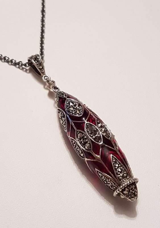 Sterling Silver Marcasite, Ornate Red Enamel Long Drop Pendant on Sterling Silver Chain