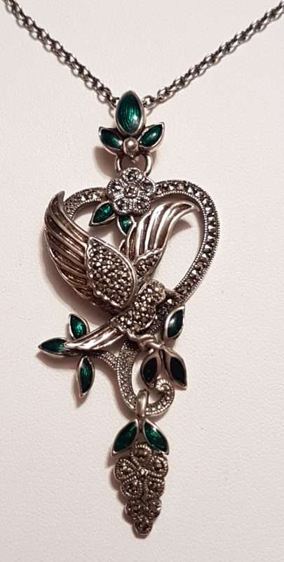 Sterling Silver Marcasite, Green &amp; Red Enamel Long Floral with Bird Pendant on Sterling Silver Chain