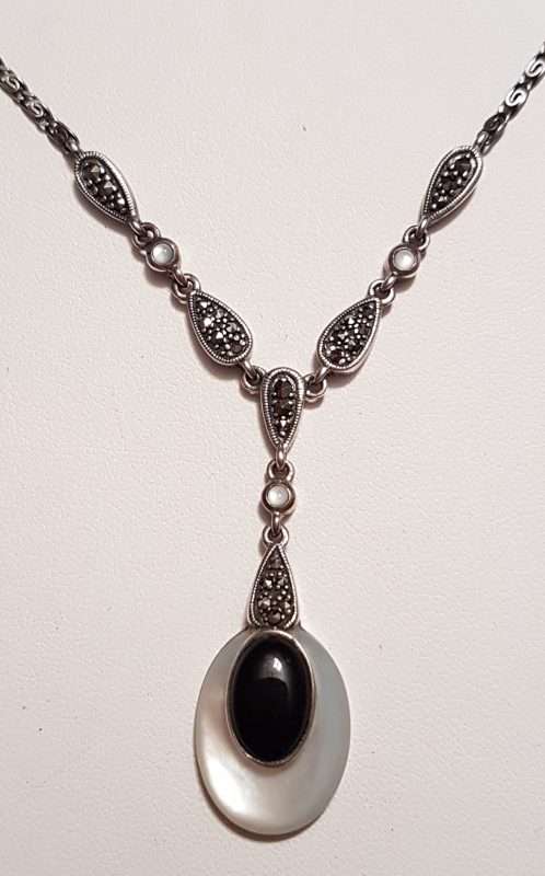 Sterling Silver Marcasite, Onyx and Mother of Pearl Long Drop Lavalier Necklace / Chain - Art Deco Style
