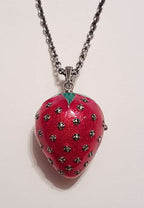 Sterling Silver Marcasite, Green &amp; Red Enamel Medium Size Strawberry Locket Pendant (which Opens) on Sterling Silver Chain