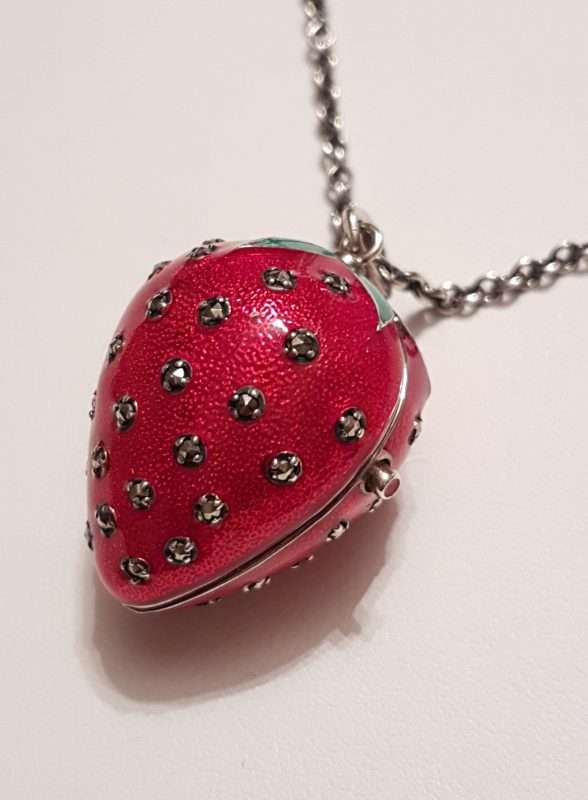 Sterling Silver Marcasite, Green &amp; Red Enamel Medium Size Strawberry Locket Pendant (which Opens) on Sterling Silver Chain