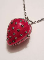 Sterling Silver Marcasite, Green &amp; Red Enamel Medium Size Strawberry Locket Pendant (which Opens) on Sterling Silver Chain