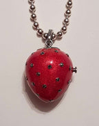 Sterling Silver Marcasite, Green &amp; Red Enamel Large Size Strawberry Locket Pendant (which Opens) on Sterling Silver Chain