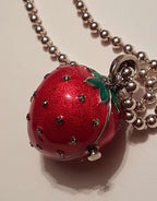Sterling Silver Marcasite, Green &amp; Red Enamel Large Size Strawberry Locket Pendant (which Opens) on Sterling Silver Chain
