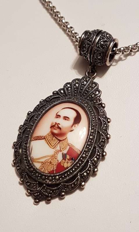 Sterling Silver Marcasite Large Oval Enamel Locket (Prince of Thailand) Pendant on Sterling Silver Chain