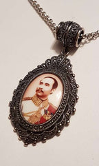 Sterling Silver Marcasite Large Oval Enamel Locket (Prince of Thailand) Pendant on Sterling Silver Chain