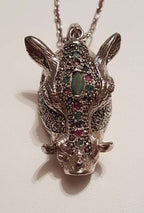 Sterling Silver Very Large Marcasite, Emerald, Ruby and Sapphire Boar Head Pendant on Sterling Silver Chain