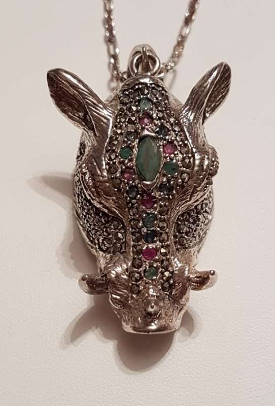 Sterling Silver Very Large Marcasite, Emerald, Ruby and Sapphire Boar Head Pendant on Sterling Silver Chain