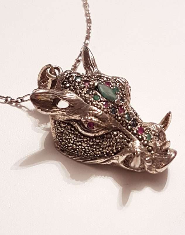 Sterling Silver Very Large Marcasite, Emerald, Ruby and Sapphire Boar Head Pendant on Sterling Silver Chain