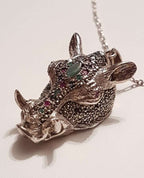 Sterling Silver Very Large Marcasite, Emerald, Ruby and Sapphire Boar Head Pendant on Sterling Silver Chain