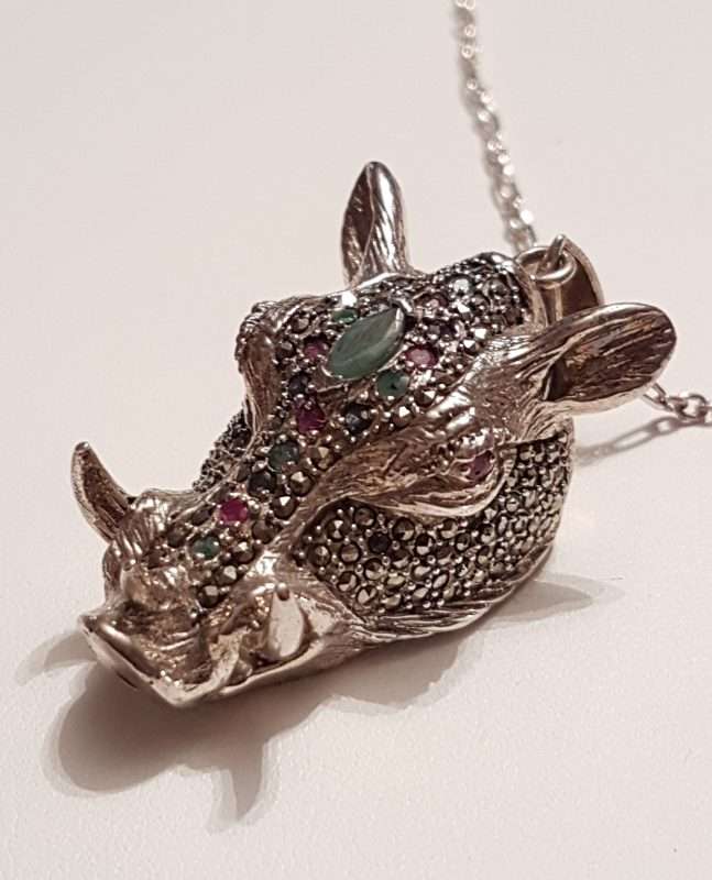 Sterling Silver Very Large Marcasite, Emerald, Ruby and Sapphire Boar Head Pendant on Sterling Silver Chain