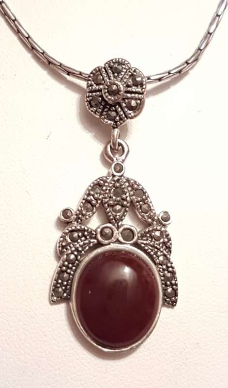 Sterling Silver Marcasite and Oval Carnelian Ornate Pendant on Sterling Silver Chain