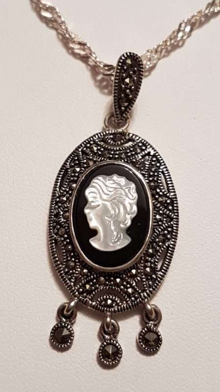Sterling Silver Marcasite, Onyx and Mother of Pearl Cameo Pendant on Sterling Silver Chain