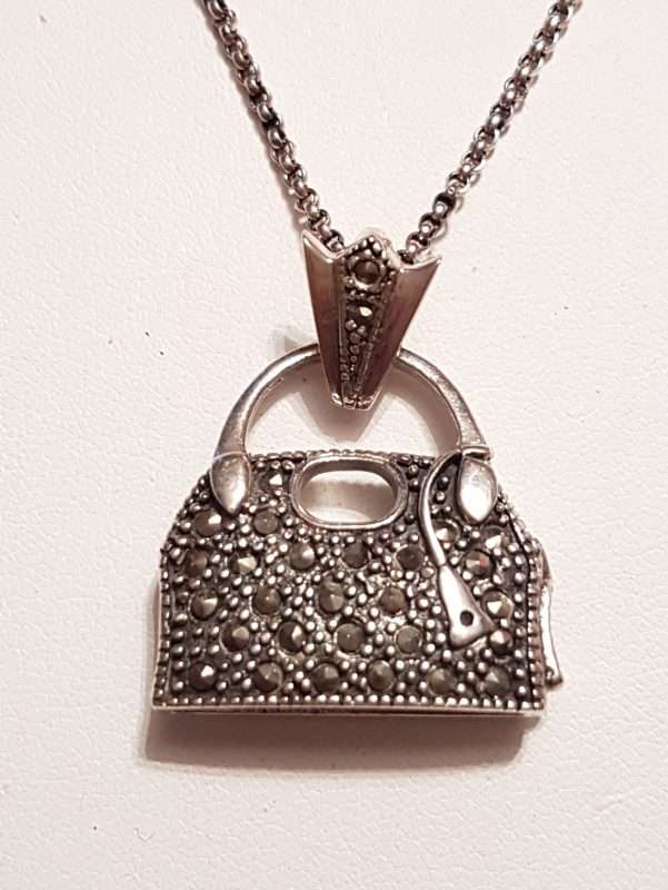 Sterling Silver Marcasite Handbag Pendant on Sterling Silver Chain