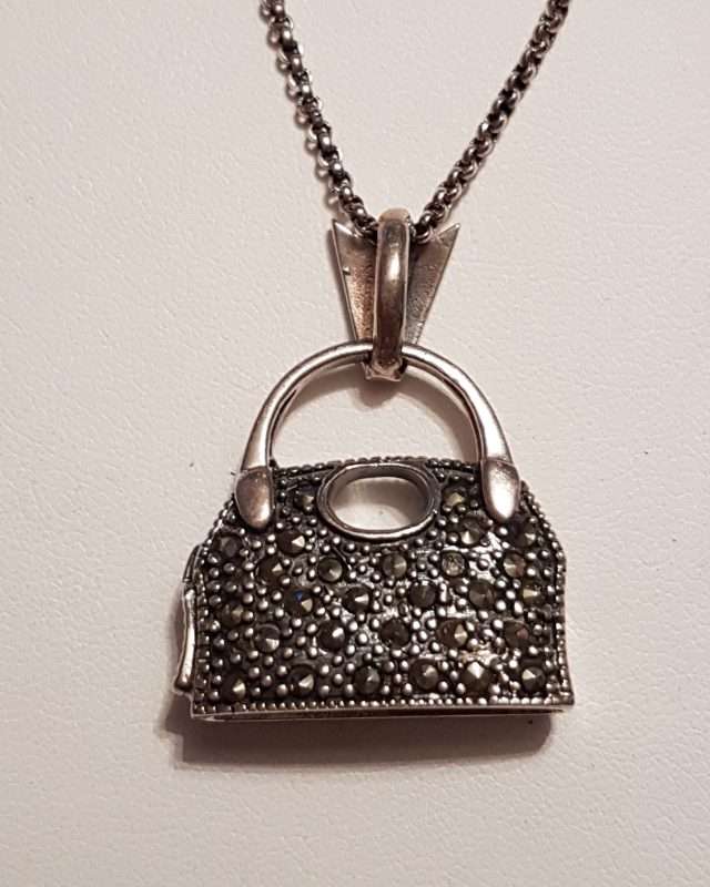Sterling Silver Marcasite Handbag Pendant on Sterling Silver Chain
