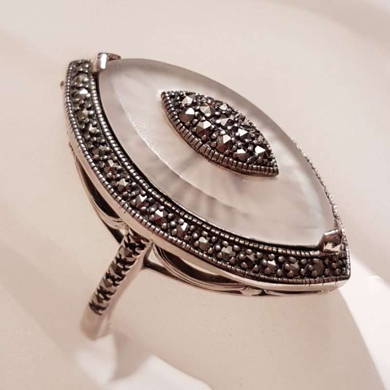 Sterling Silver Marcasite Long White Quartz Marquis Shape Ring
