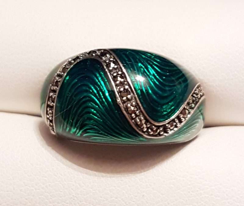 Sterling Silver Marcasite Wide Vibrant Green Enamel Ring